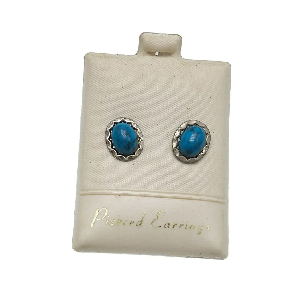 Blue Faux Turquoise Oval Pierced Studs Earrings Silver Tone Vintage NOS